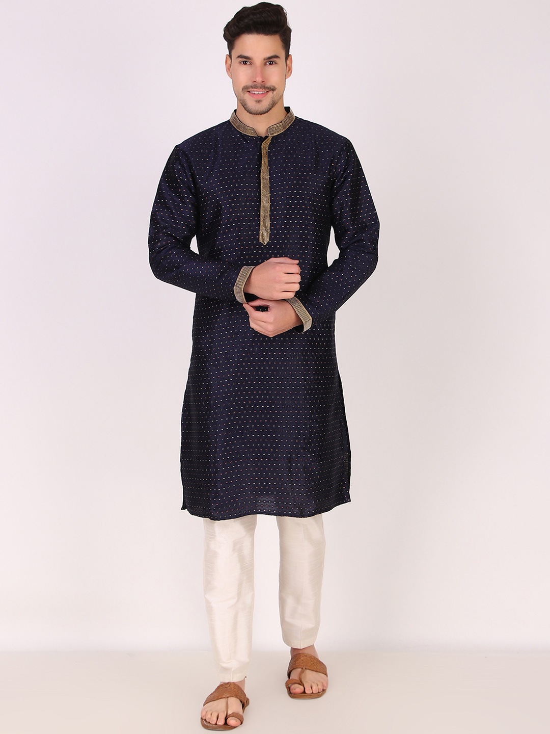 

Koshin Mandarin Collar Woven Design Thread Work Kurta, Navy blue