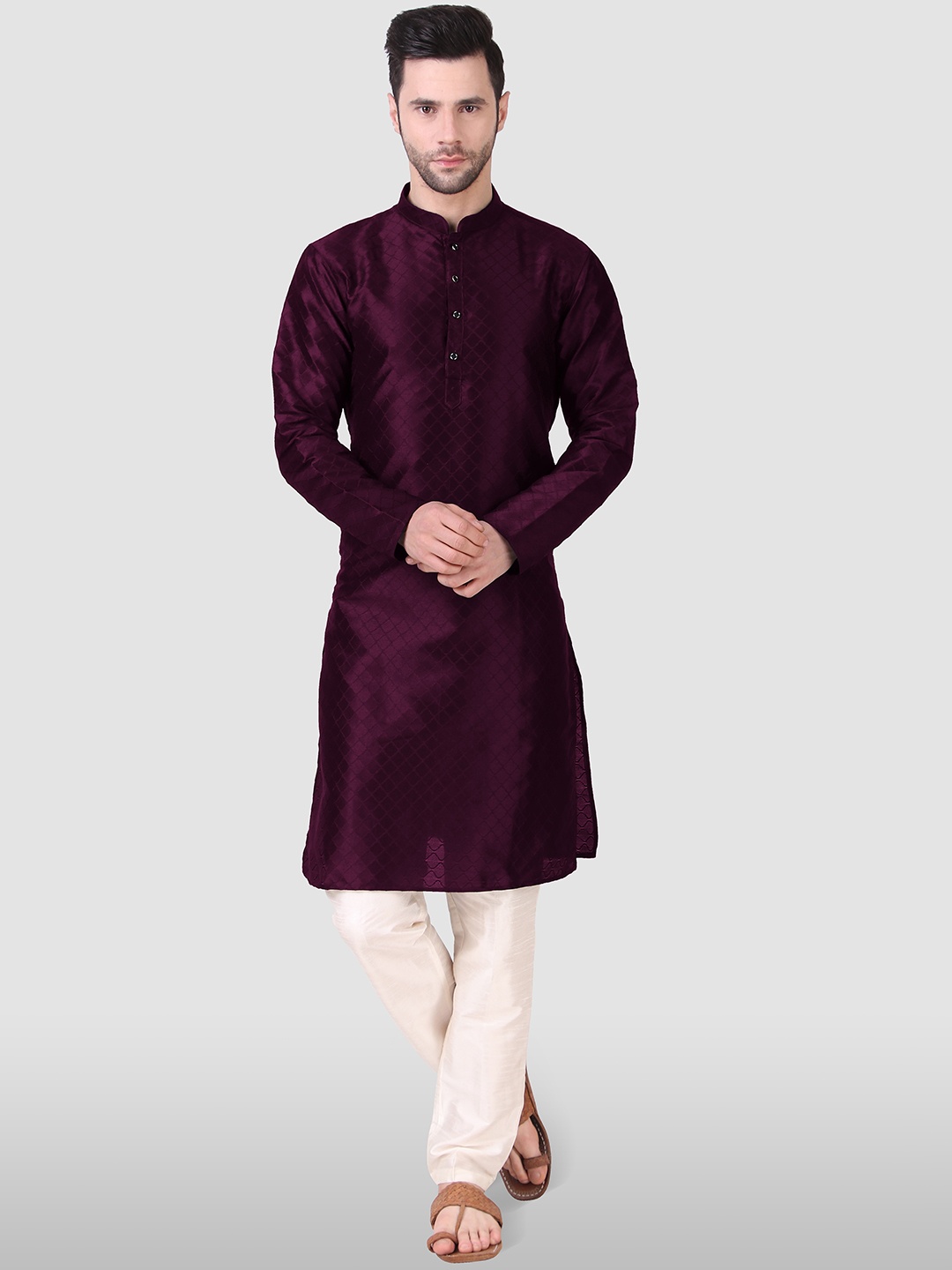 

Koshin Woven Design Mandarin Collar Kurta, Purple