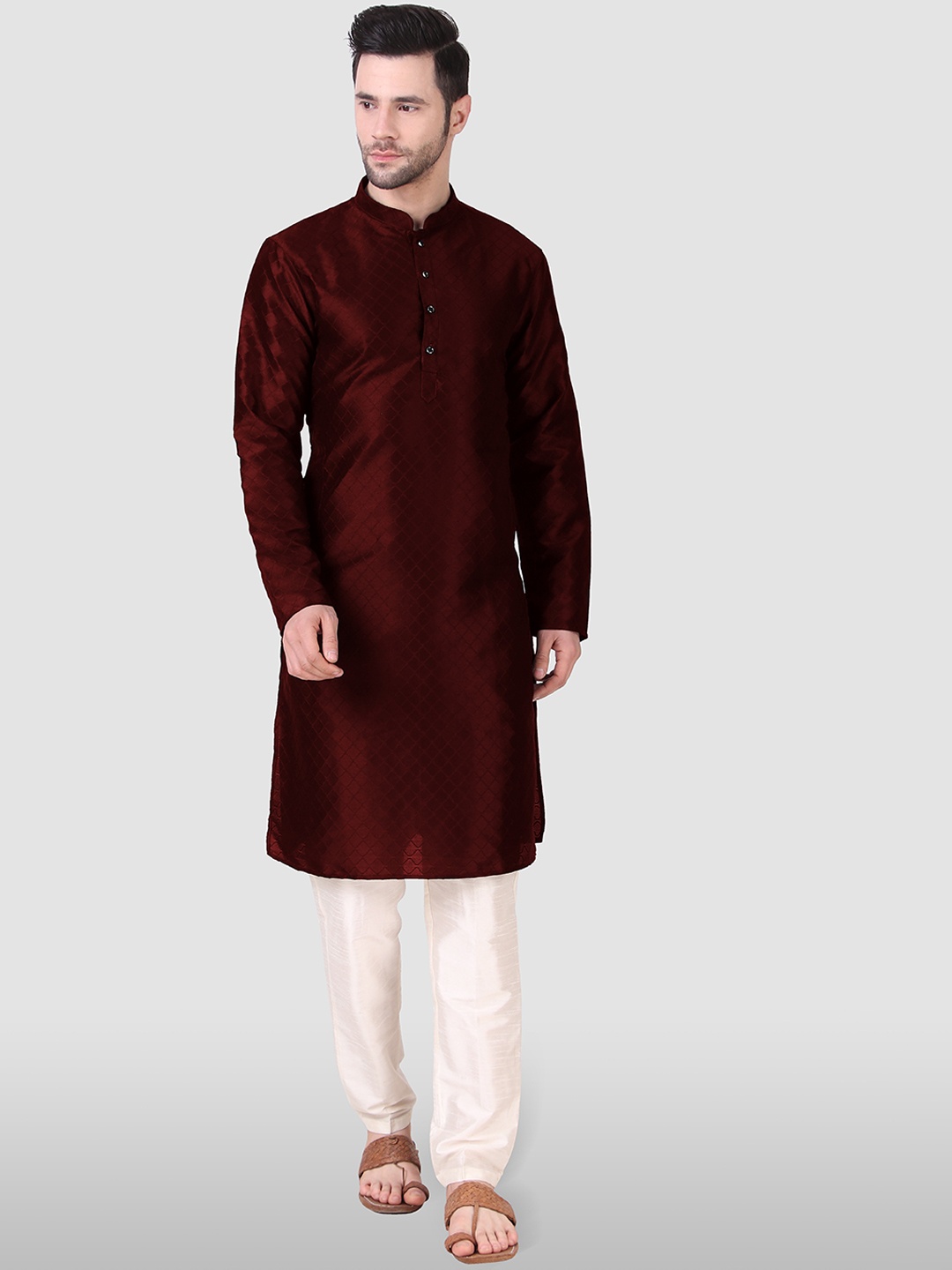

Koshin Woven Design Mandarin Collar Kurta, Maroon