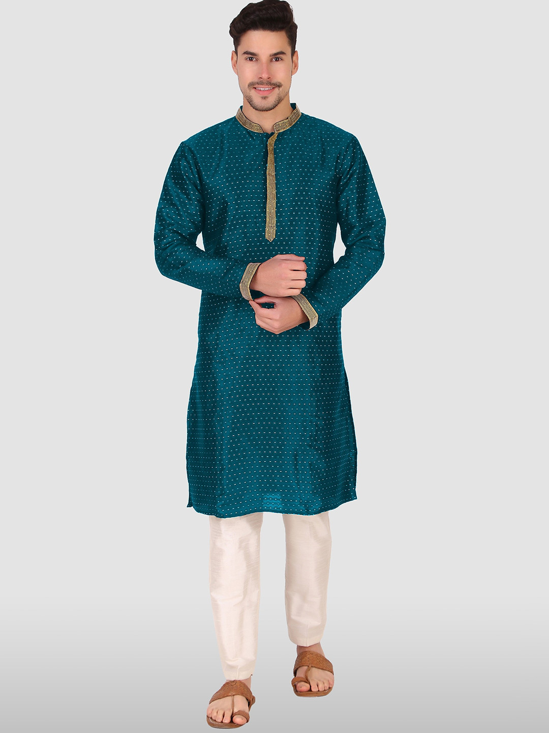 

Koshin Geometric Printed Mandarin Collar Kurta, Sea green