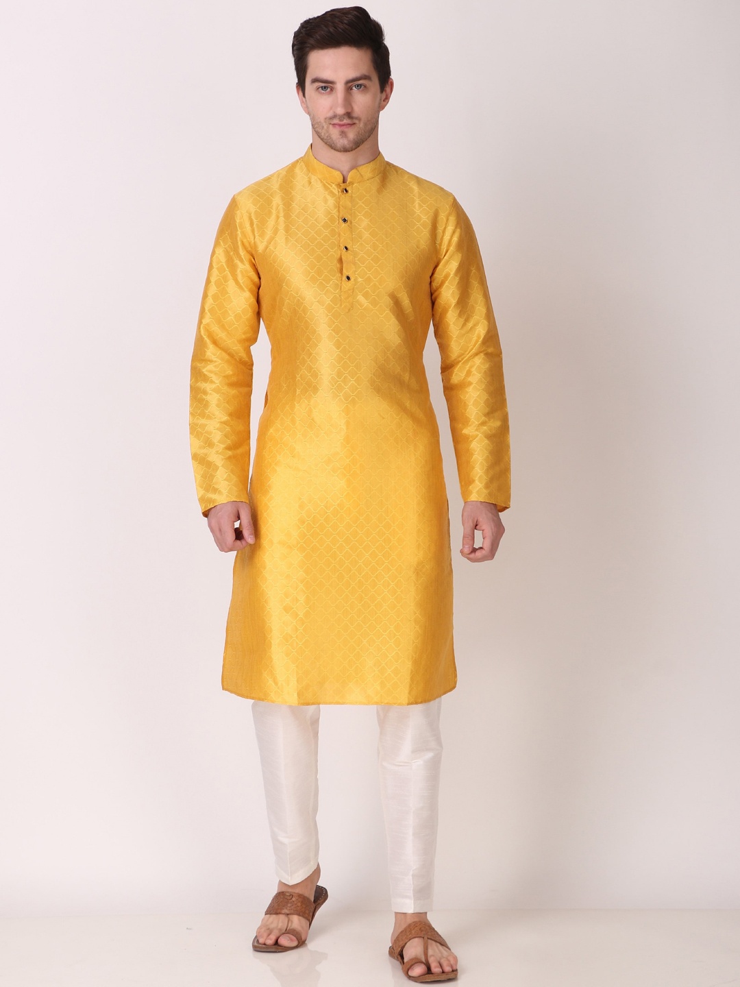 

Koshin Woven Design Mandarin Collar Jacquard Kurta, Yellow