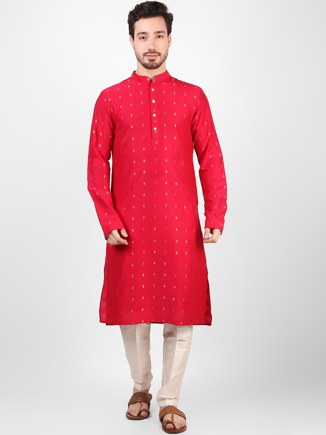 

Koshin Ethnic Motifs Thread Work Jacquared Straight Kurta, Red