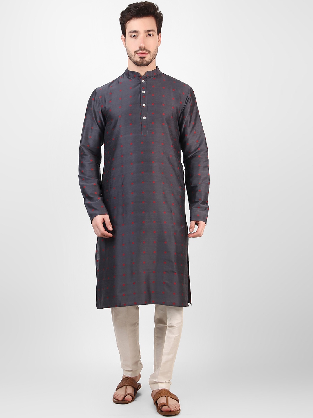 

Koshin Floral Embroidered Jacquard Straight Kurta, Grey