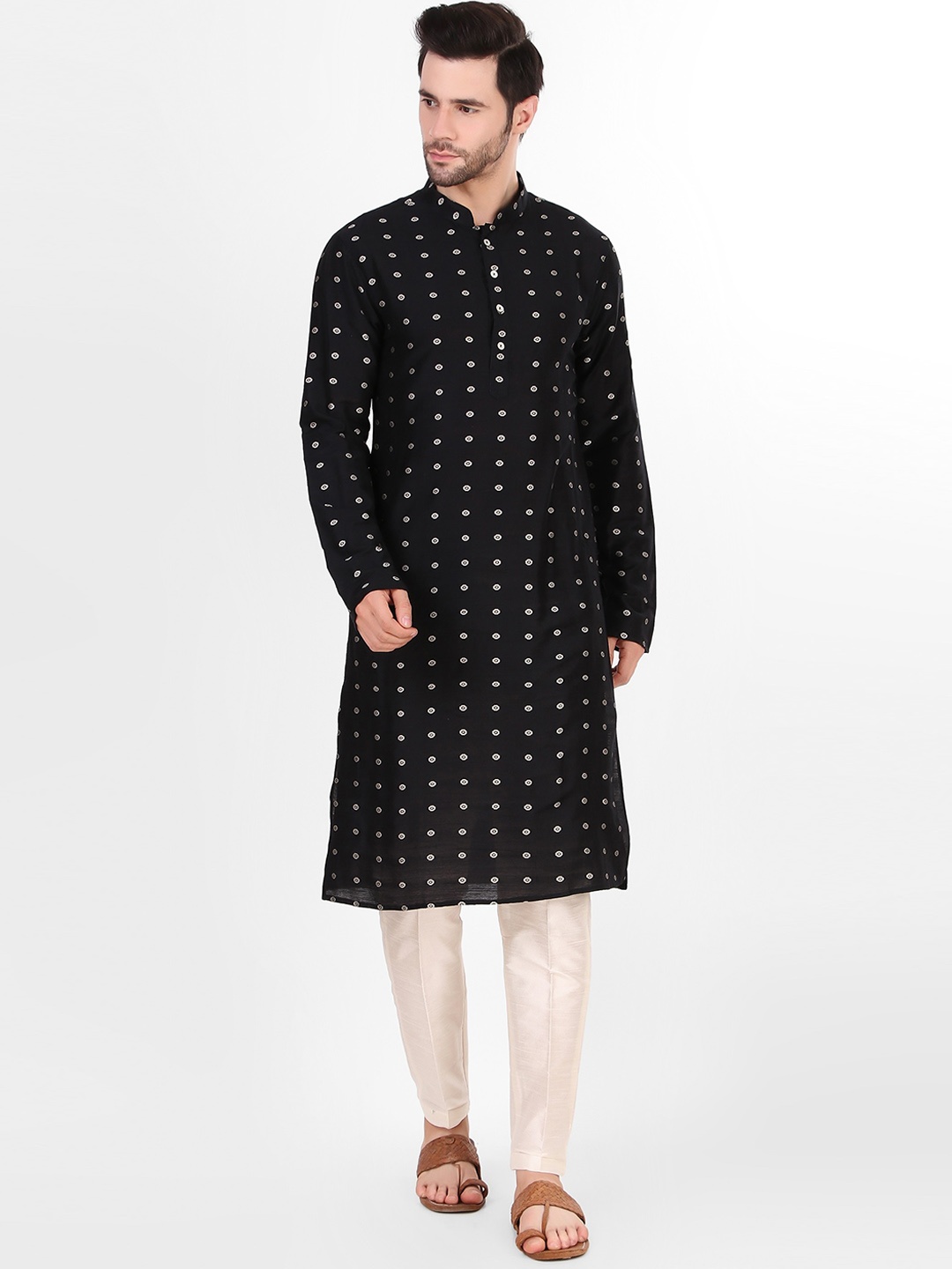 

Koshin Geometric Printed Mandarin Collar Kurta, Black