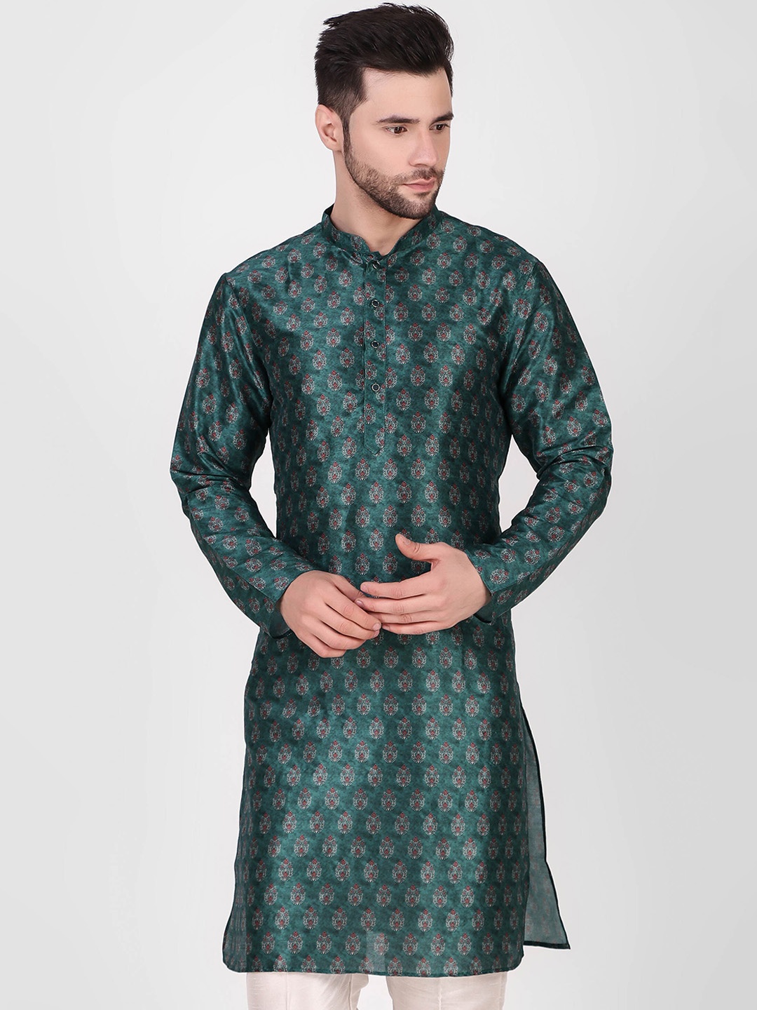 

Koshin Ethnic Motifs Printed Mandarin Collar Kurta, Teal