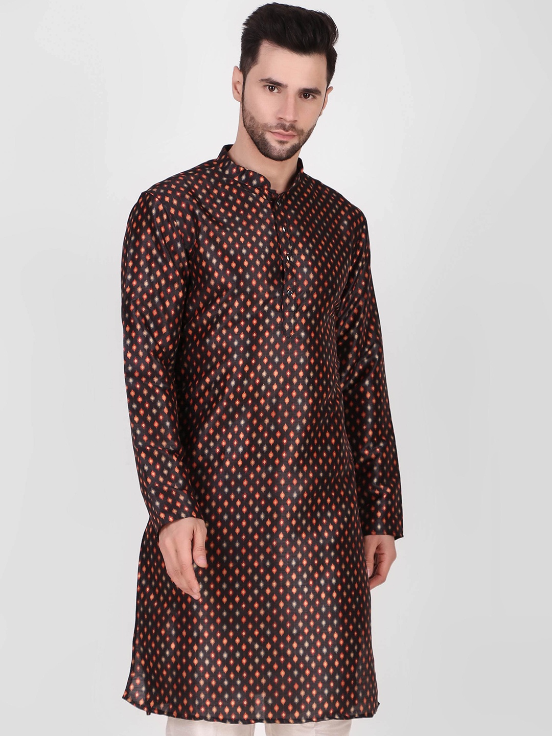 

Koshin Ethnic Motifs Printed Mandarin Collar Kurta, Black