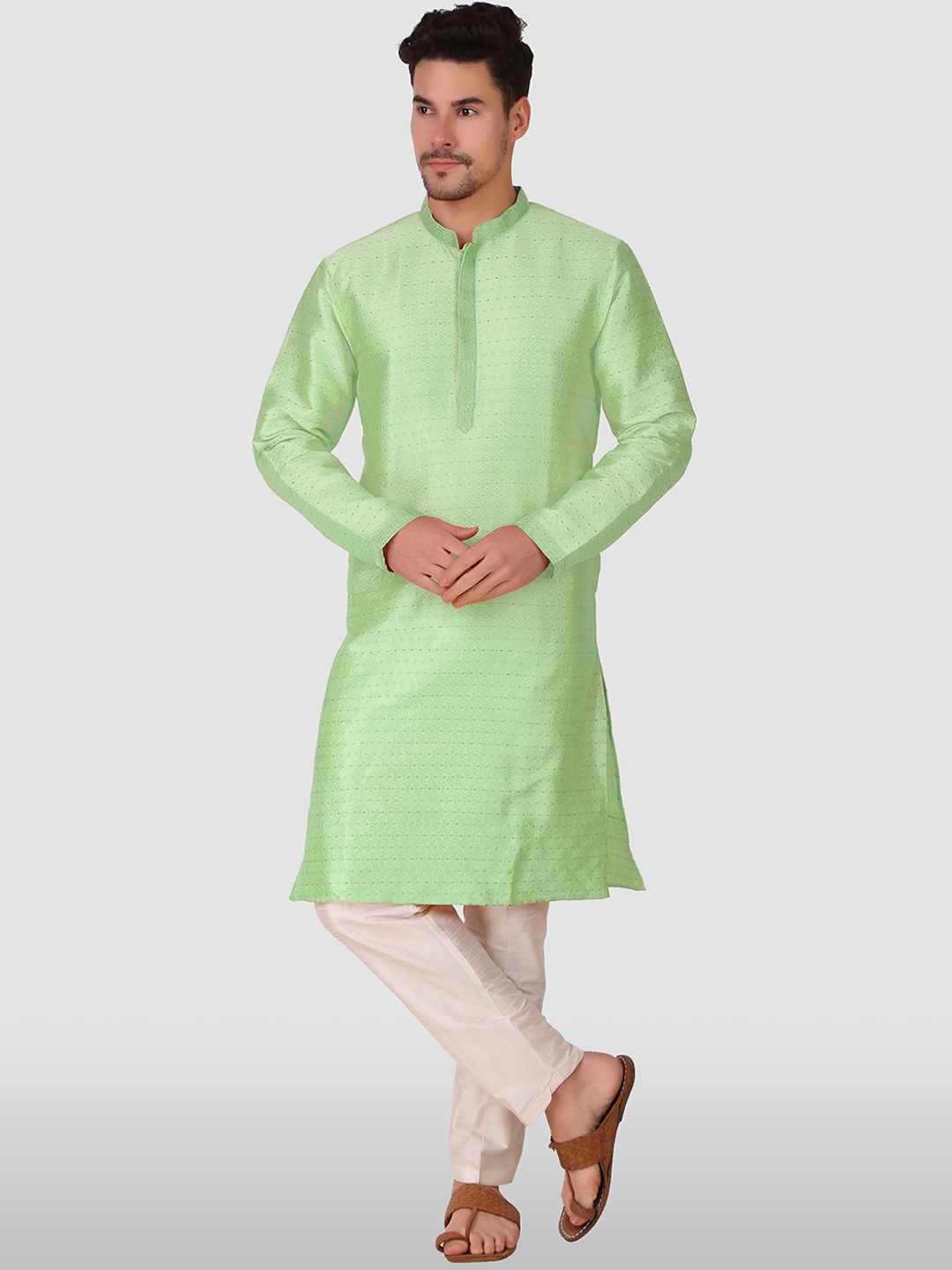 

Koshin Striped Embroidered Mandarin Collar Kurta, Green