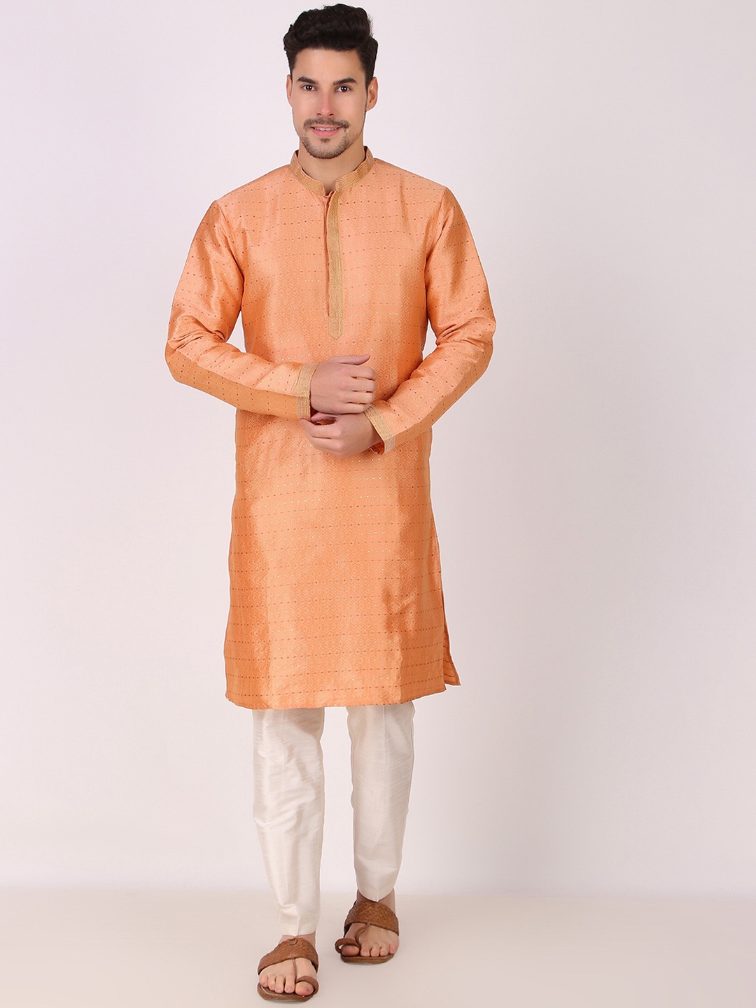 

Koshin Woven Design Mandarin Collar Kurta, Peach