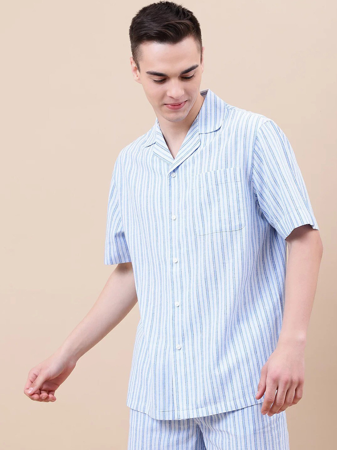 

Marks & Spencer Shirt Collar Striped Cotton Linen Lounge T-Shirt, Blue