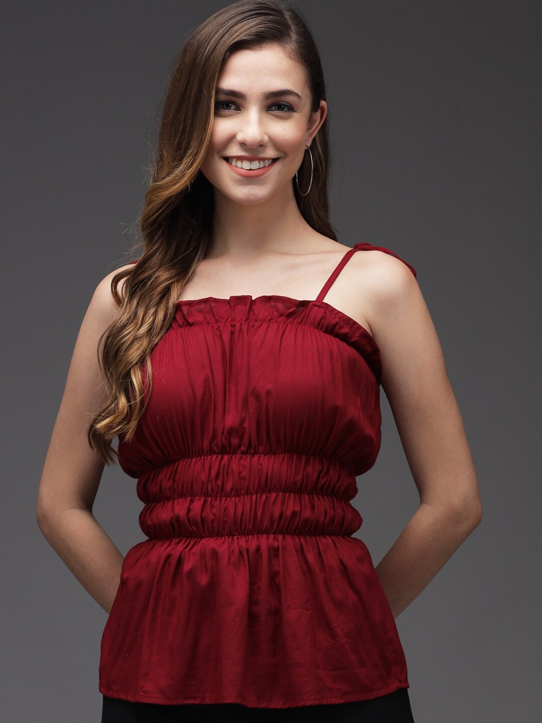 

BAESD Shoulder Straps Ruffles Detail Cinched Waist Top, Maroon