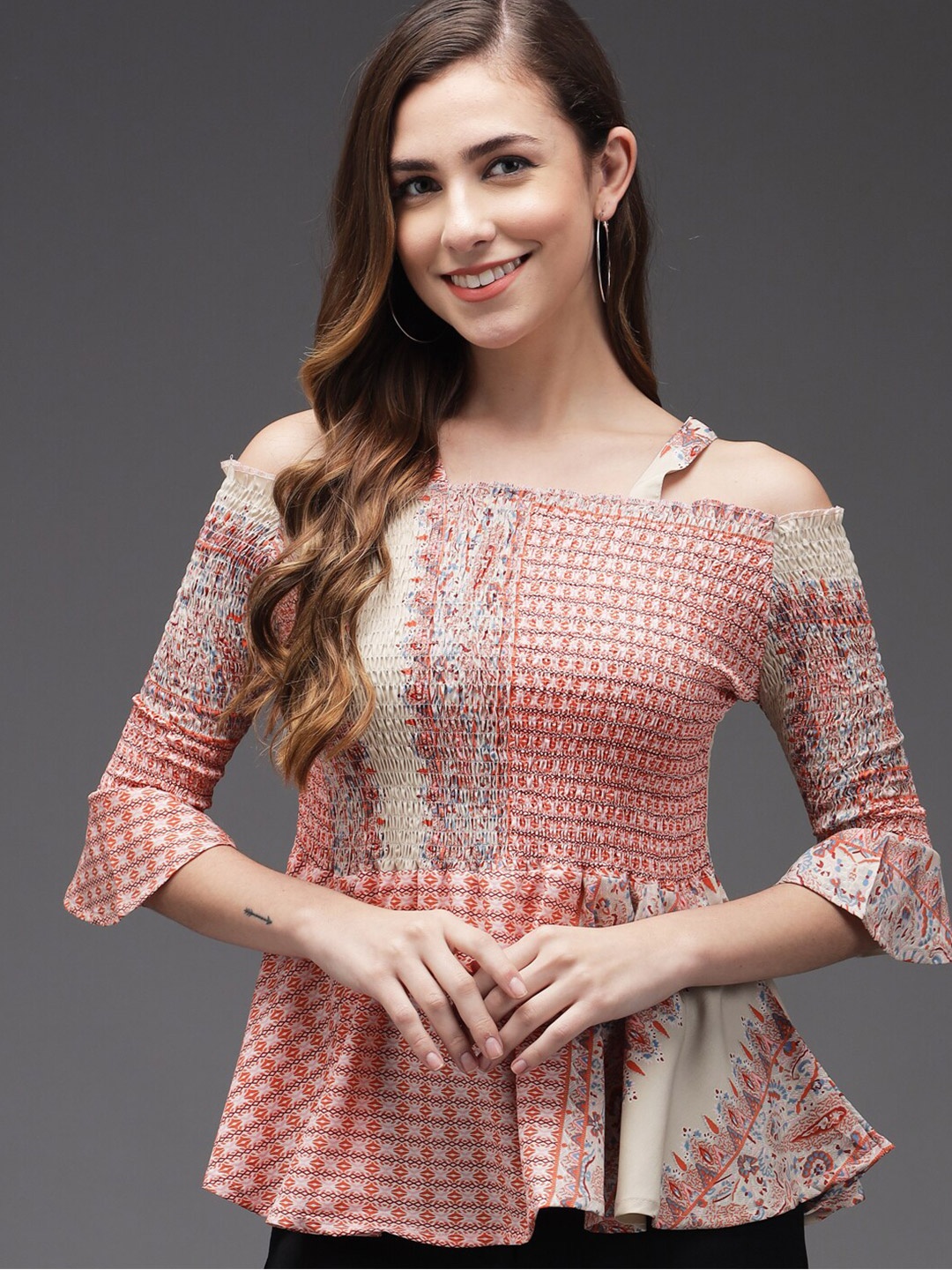 

BAESD Floral Printed Off-Shoulder Bell Sleeve Peplum Top, Rust