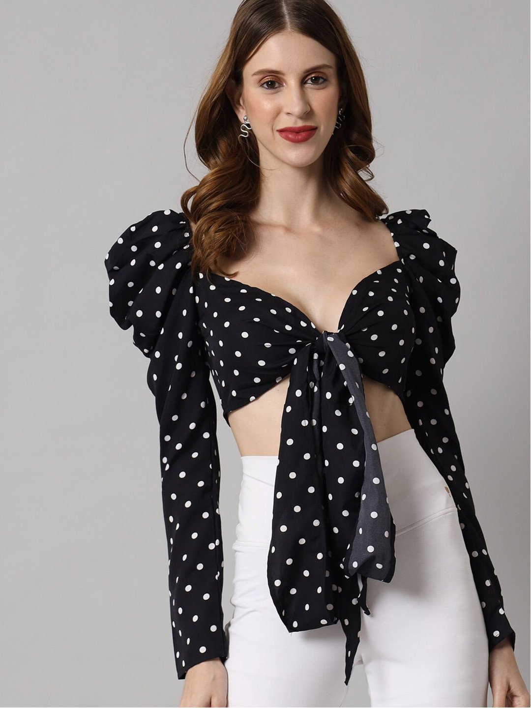

BAESD Polka Dot Printed Sweetheart Neck Puff Sleeves Brallete Crop Top, Black