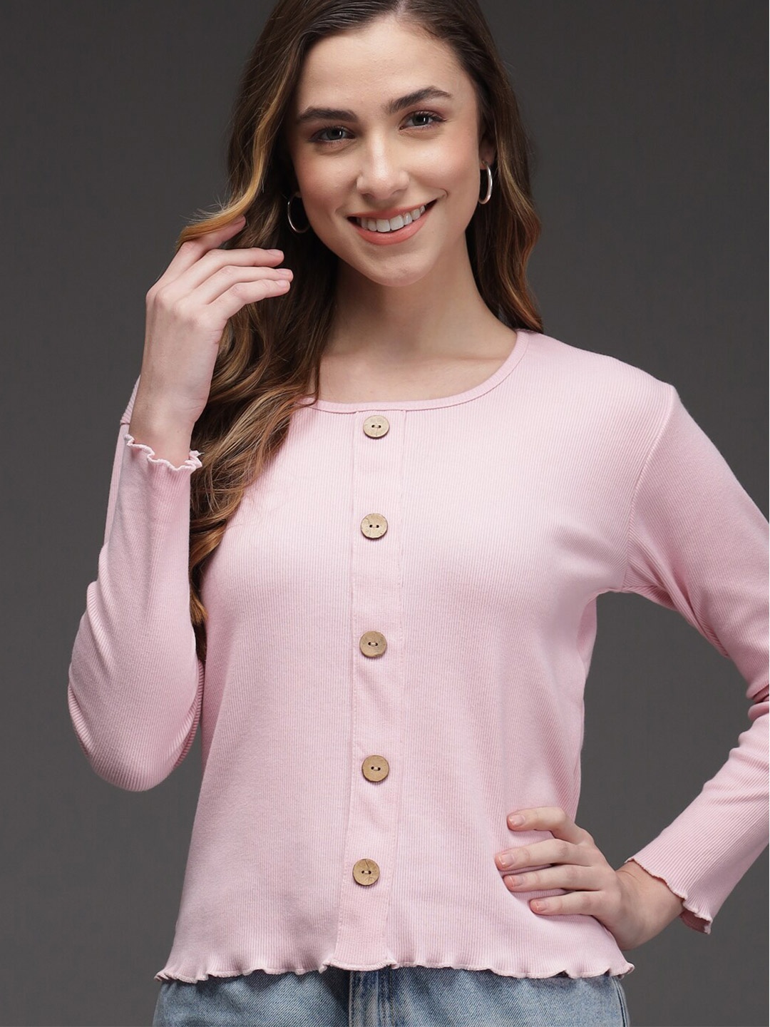 

BAESD Long Sleeves Ribbed Pure Cotton Top, Pink