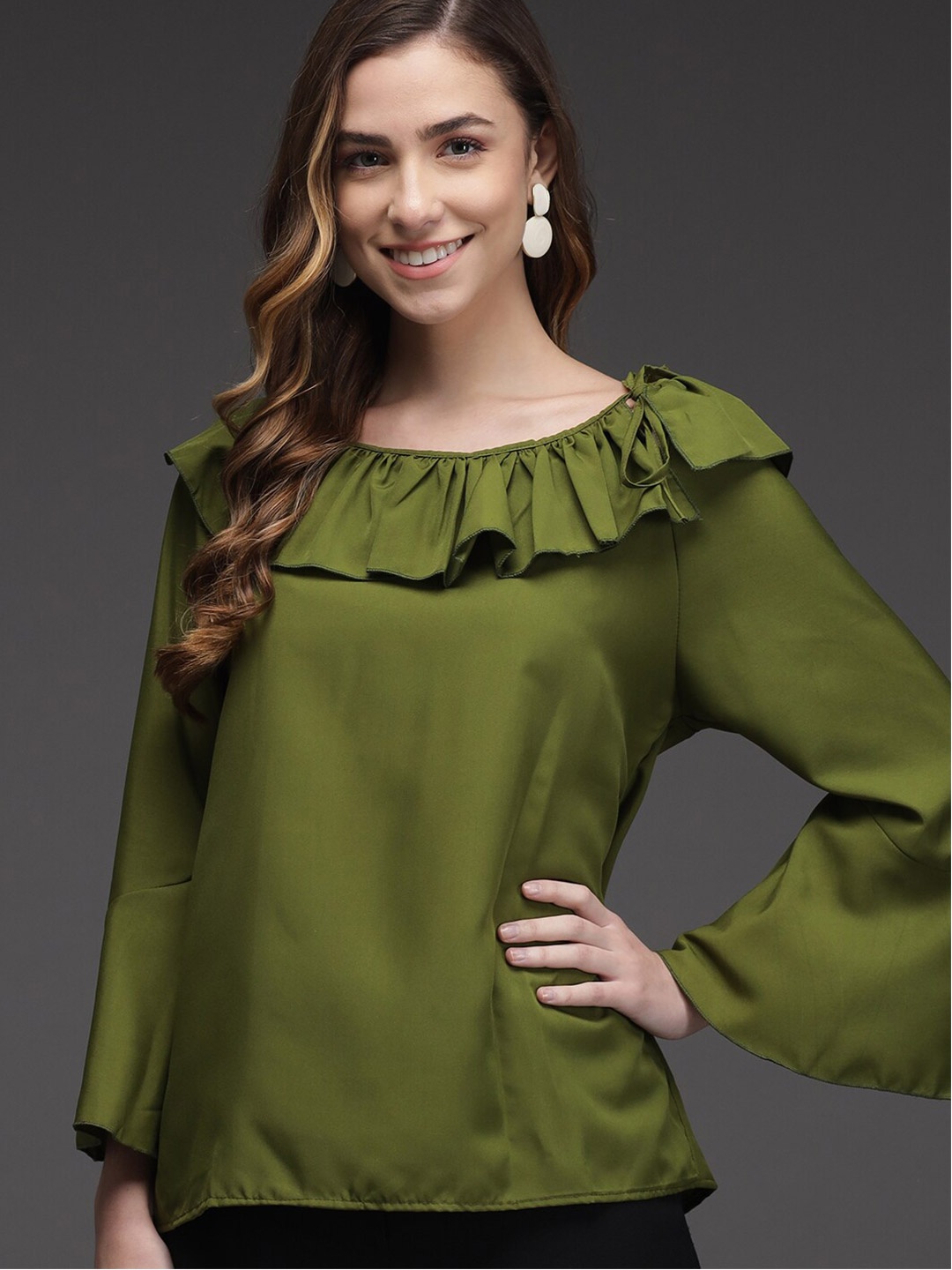 

BAESD Ruffled Bell Sleeve Crepe Top, Green