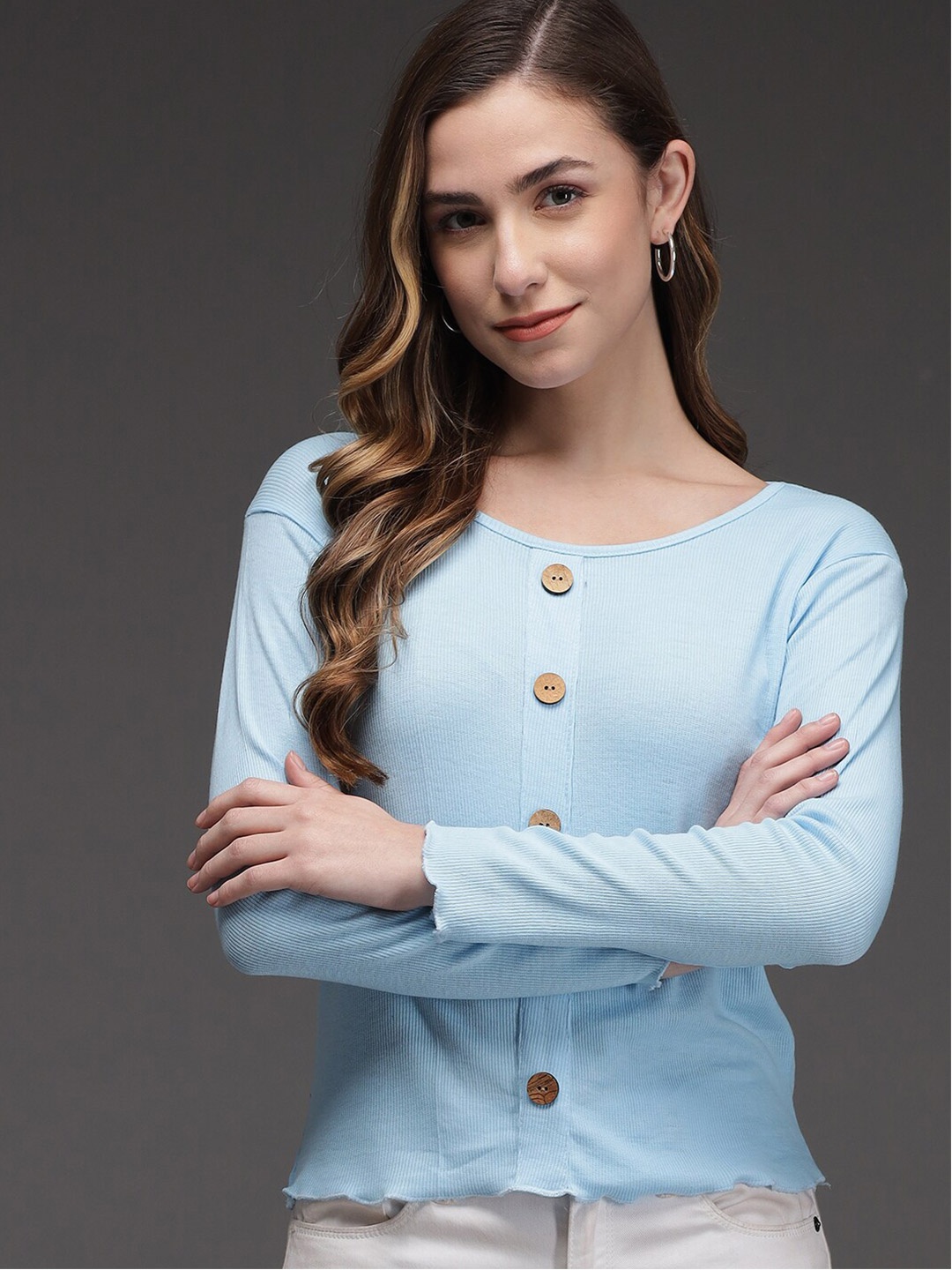 

BAESD Long Sleeves Ribbed Pure Cotton Top, Blue