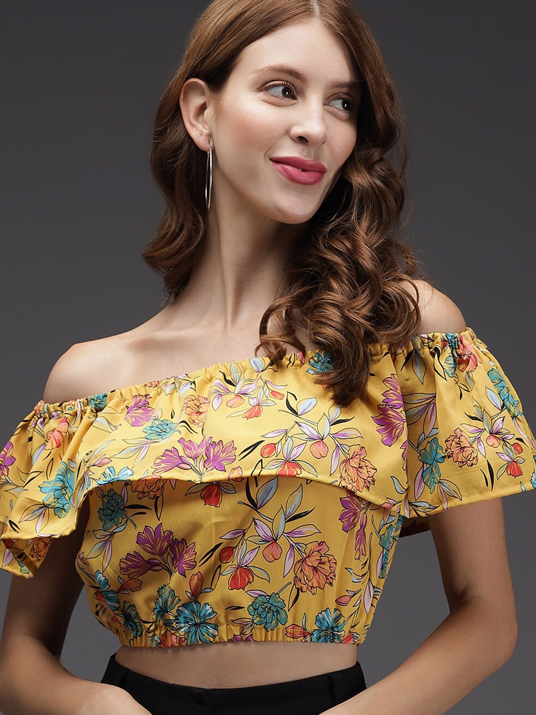 

BAESD Floral Printed Off- Shoulder Cape Sleeve Crepe Bardot Crop Top, Yellow