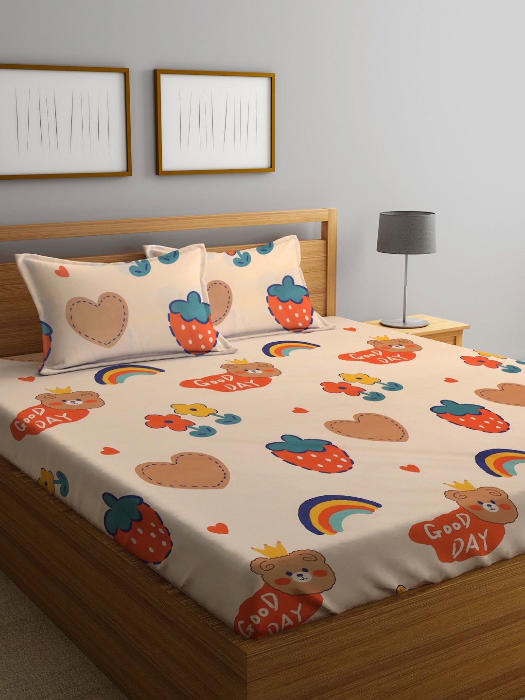 

FABINALIV Peach-Coloured & Red Cartoon Print 300 TC Fitted King Bedsheet & 2 Pillow Covers