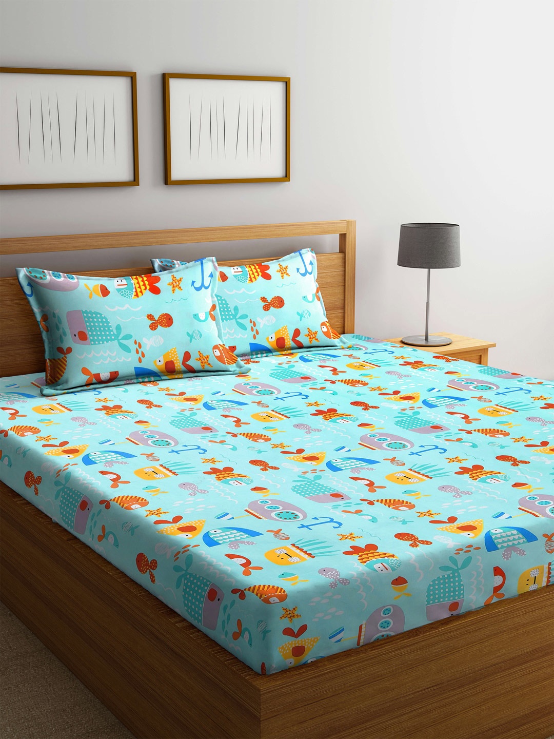 

FABINALIV Blue & Red Cartoon Print 300 TC Fitted King Bedsheet & 2 Pillow Covers