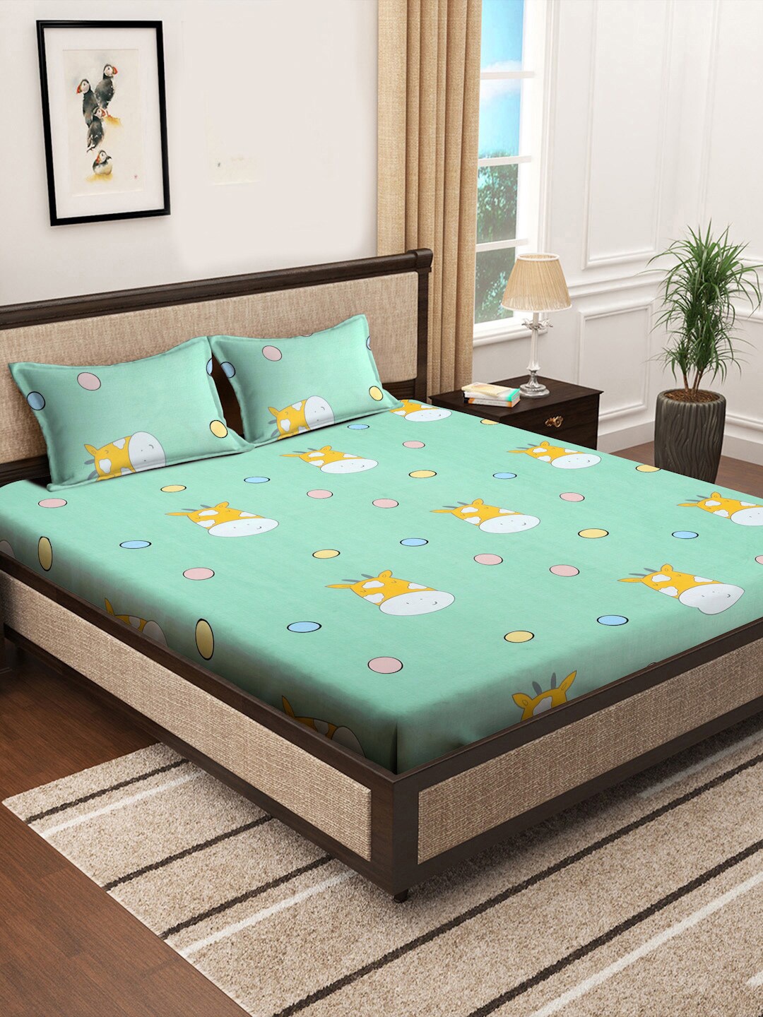 

FABINALIV Green & Yellow Cartoon Characters 300 TC Fitted King Bedsheet & 2 Pillow Covers