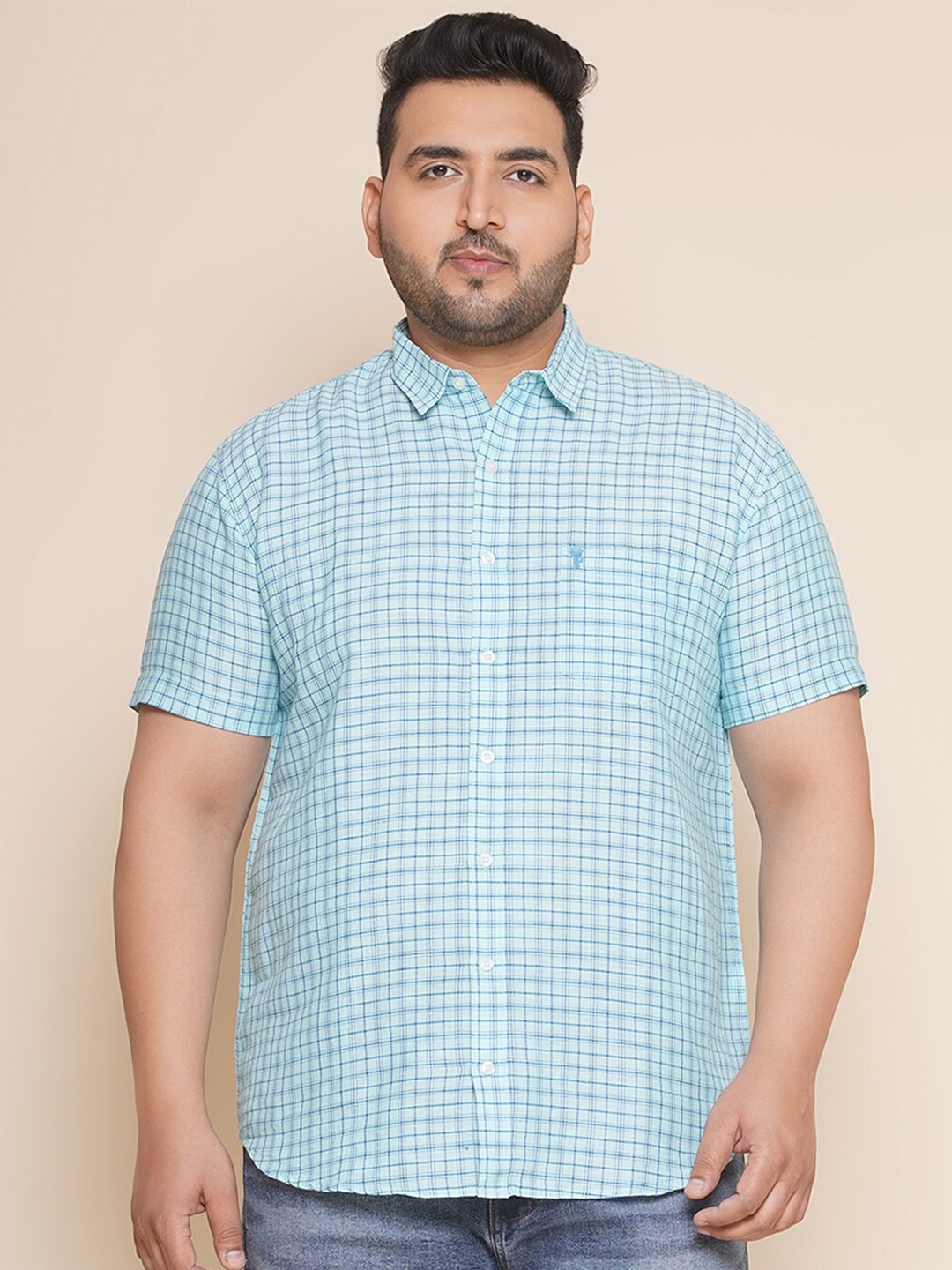 

John Pride Plus Size Grid Tattersall Checks Opaque Checked Casual Shirt, Blue