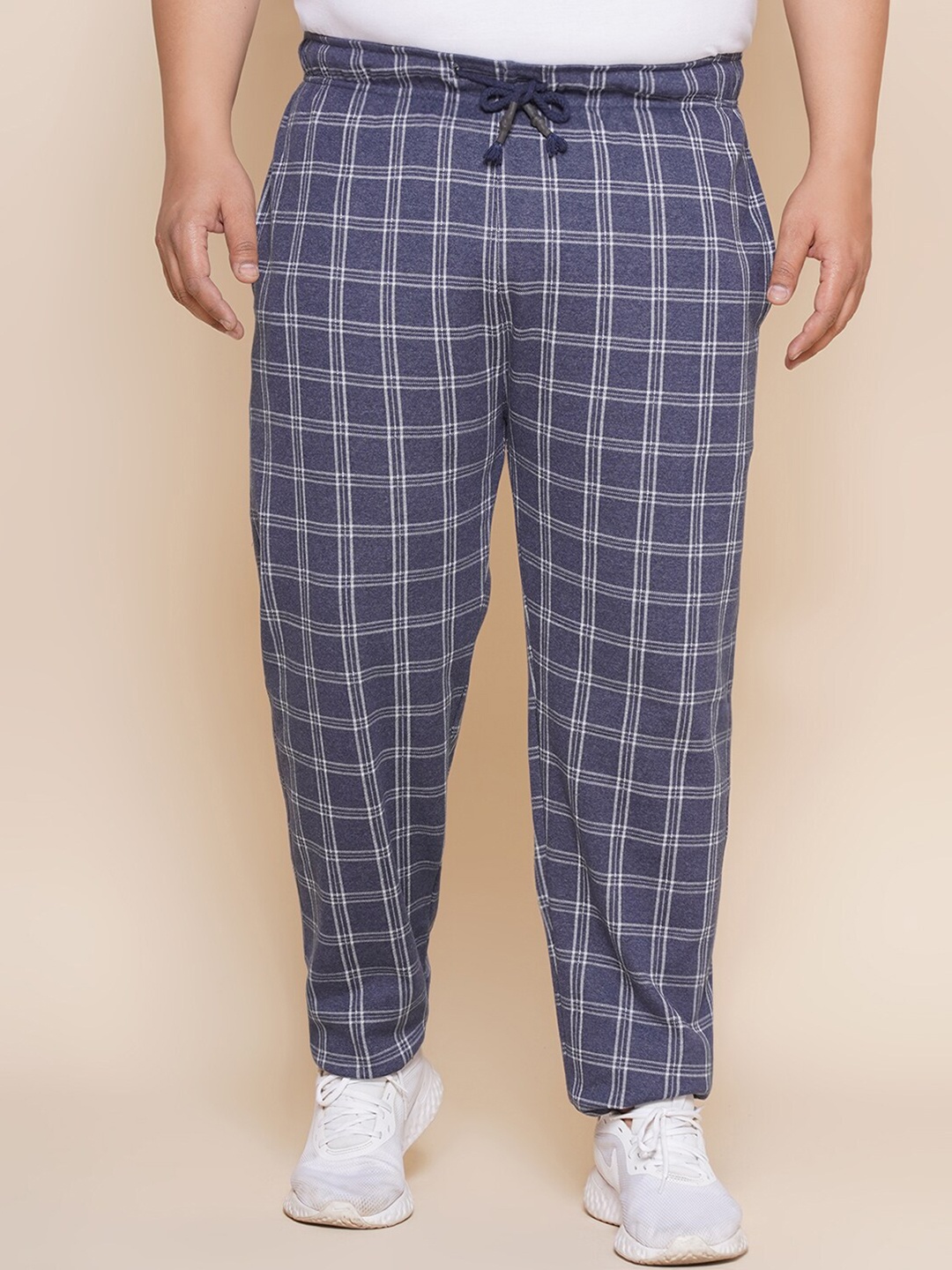 

John Pride Men Plus Size Mid-Rise Checked Cotton Track Pants, Blue