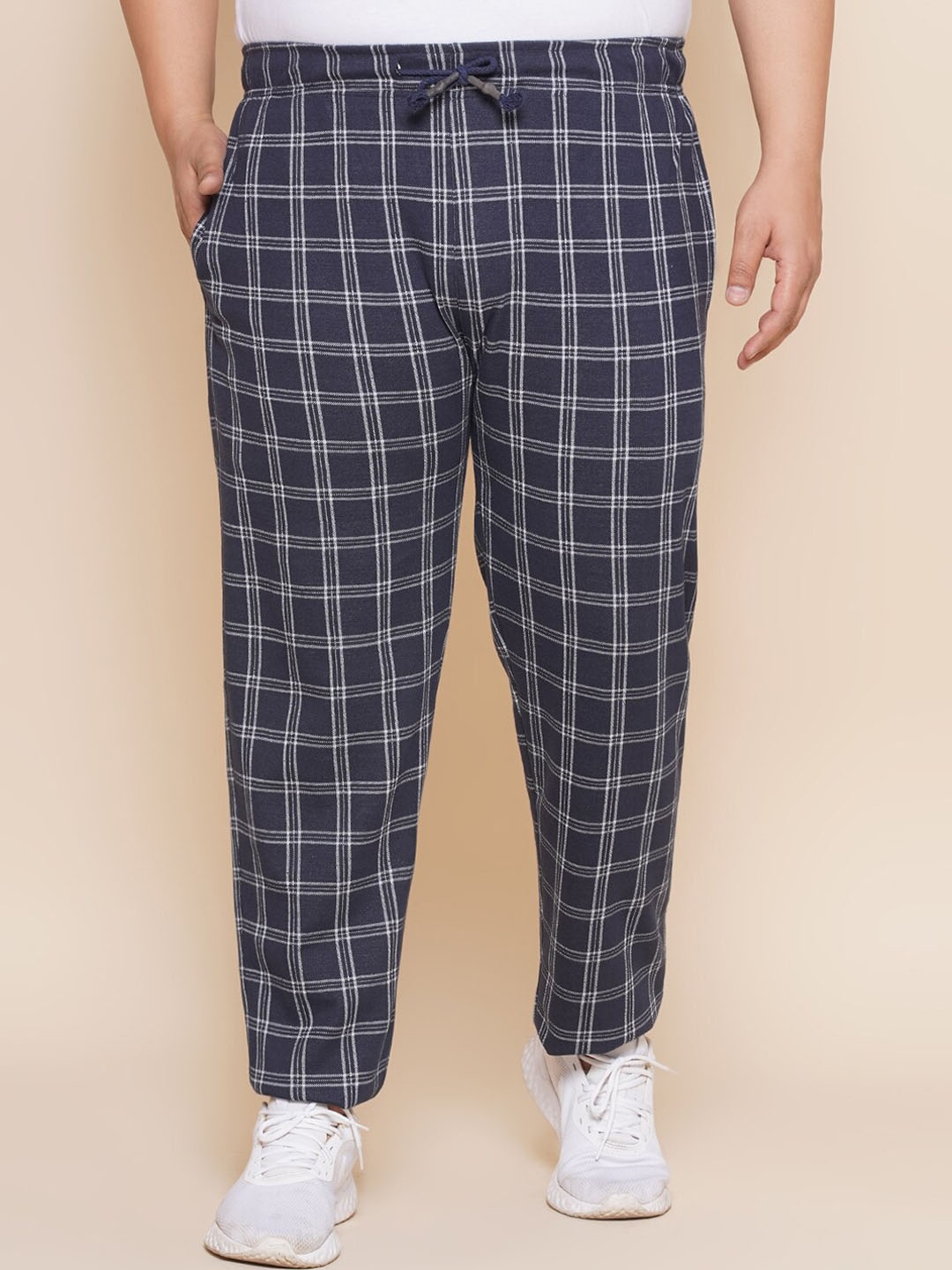 

John Pride Plus Size Men Checked Cotton Track Pants, Navy blue