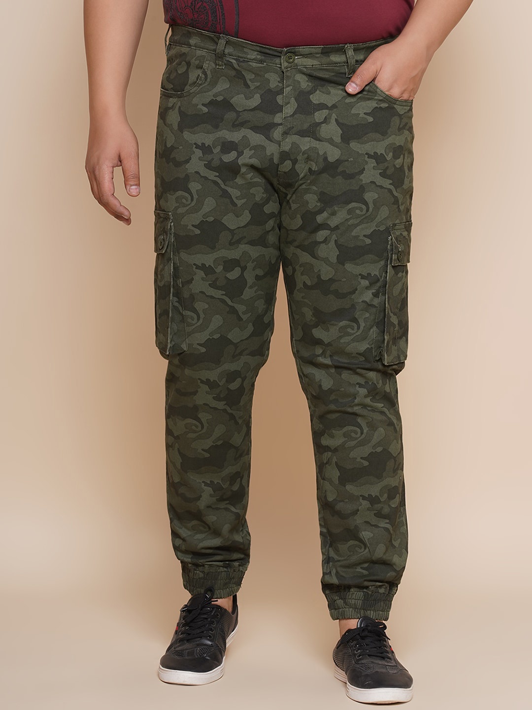 

John Pride Men Plus Size Camouflage Printed Cargo Trousers, Olive