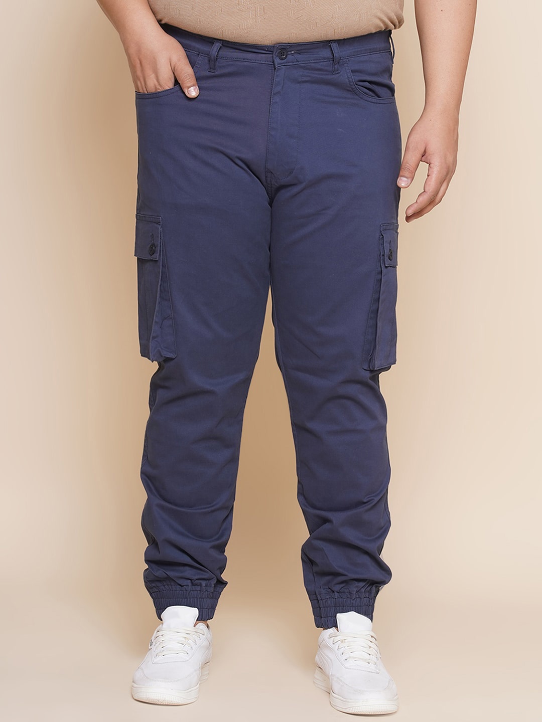 

John Pride Men Plus Size Mid-Rise Cargo Trousers, Navy blue