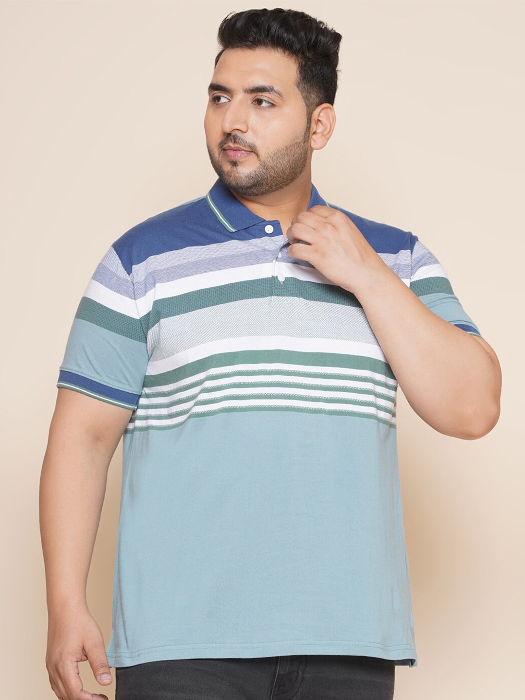 

John Pride Plus Size Striped Polo Collar Pure Cotton T-shirt, Blue