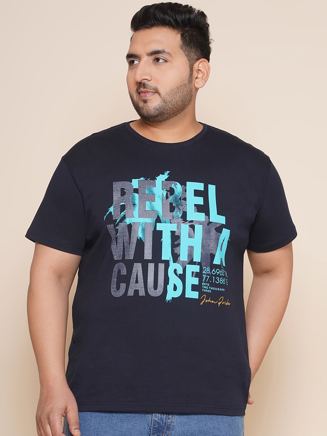 

John Pride Plus Size Typography Printed Casual T-shirt, Navy blue