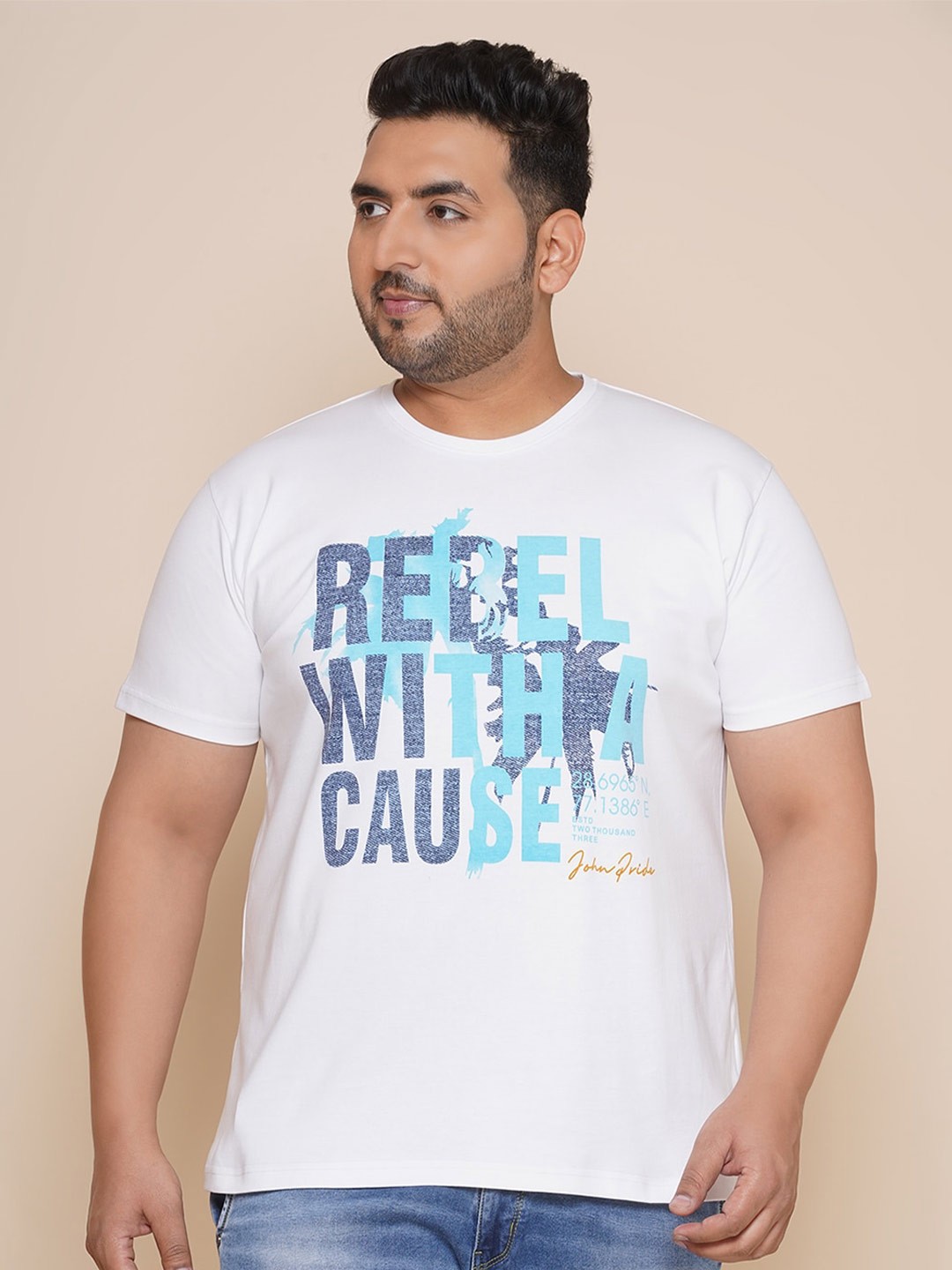 

John Pride Plus Size Typography Printed Casual T-shirt, White
