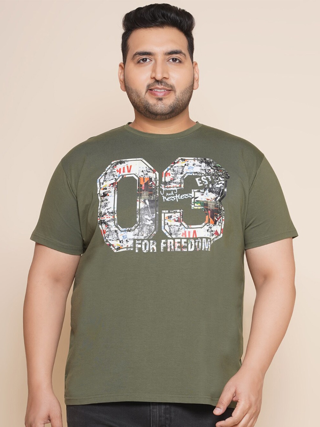 

John Pride Plus Size Typography Printed Casual T-shirt, Olive