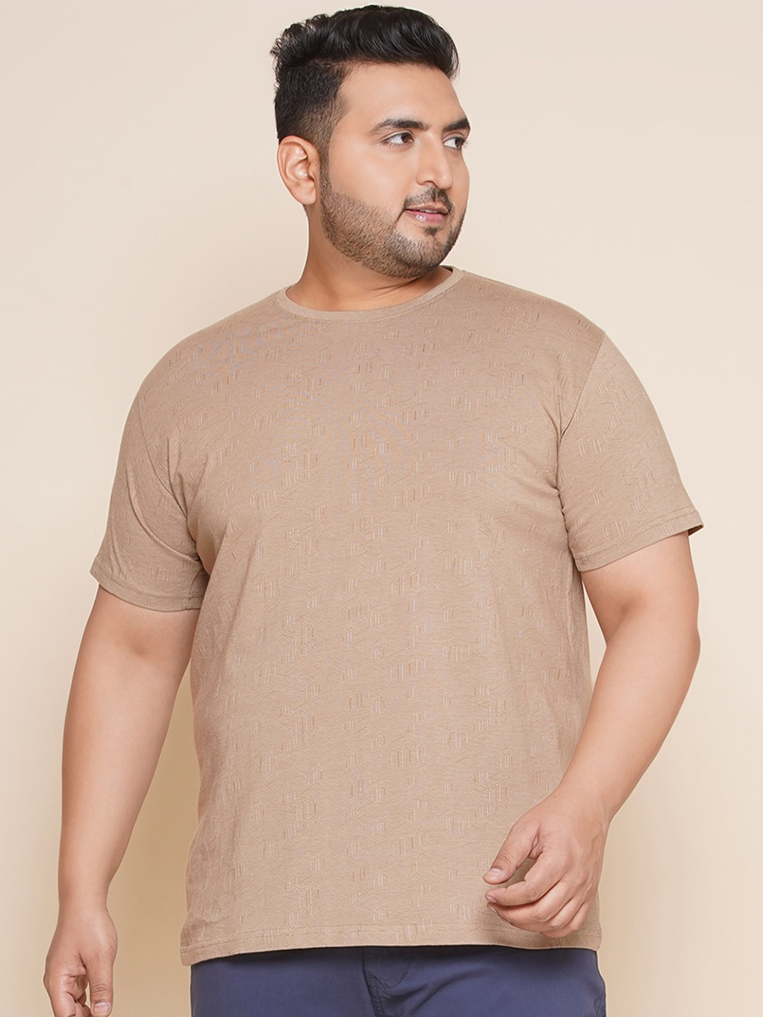 

John Pride Plus Size Self Design Pure Cotton T-shirt, Brown