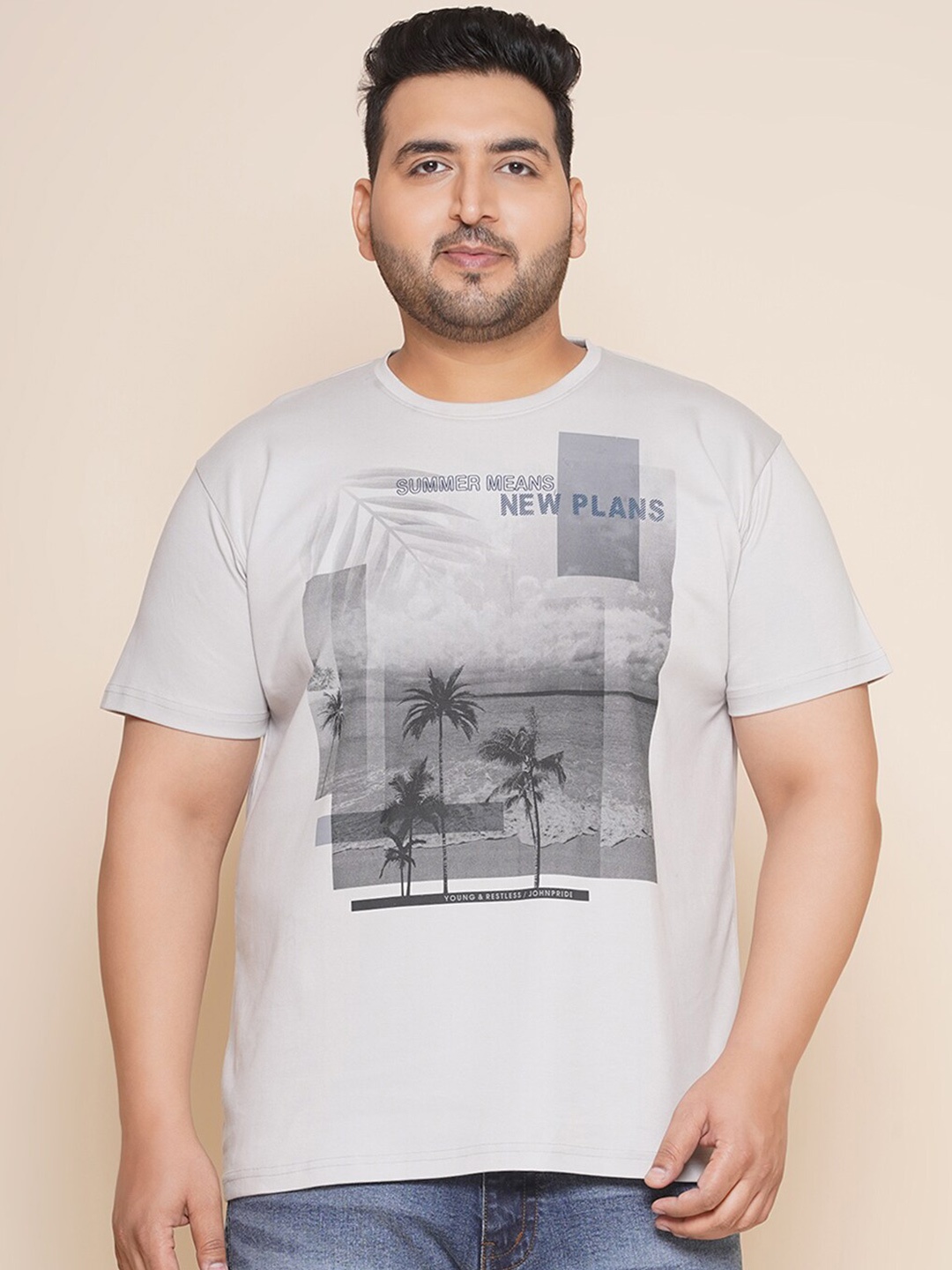 

John Pride Plus Size Graphic Printed Casual T-shirt, Grey