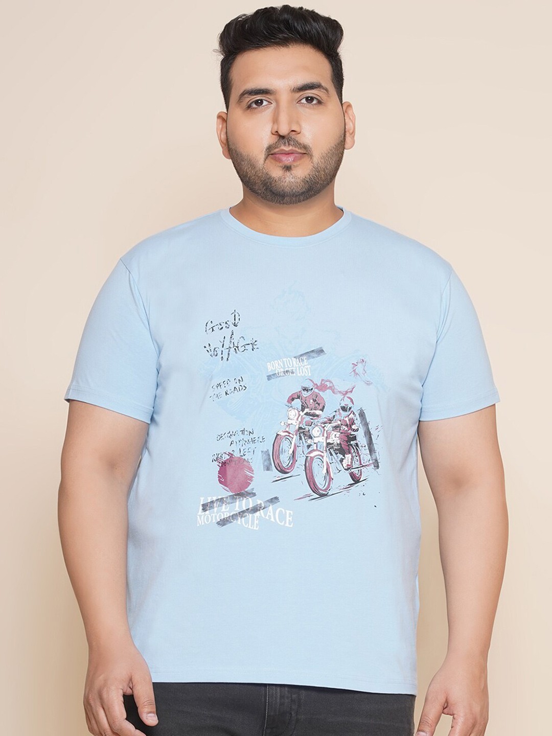 

John Pride Plus Size Graphic Printed Casual T-shirt, Blue