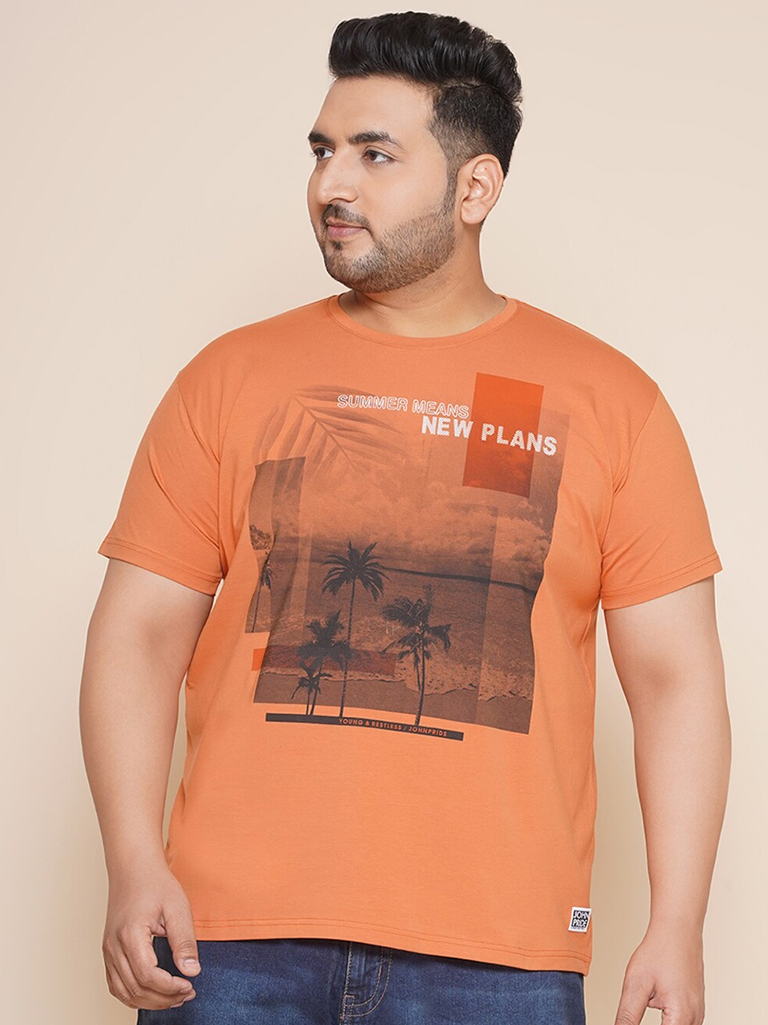 

John Pride Plus Size Graphic Printed Casual T-shirt, Rust