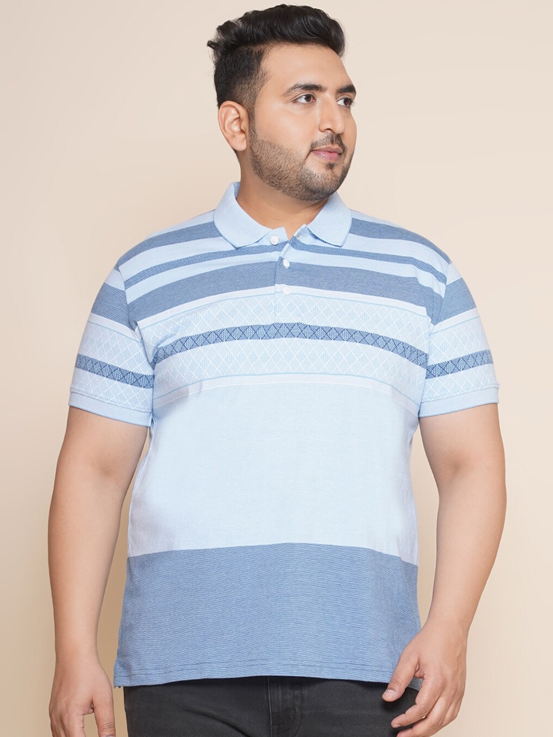 

John Pride Plus Size Striped Polo Collar Pure Cotton T-shirt, Blue