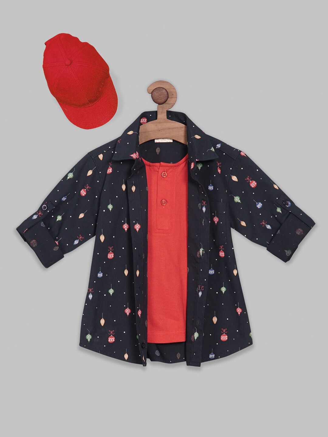

RIKIDOOS Boys Printed Cotton Shirt With Attached T-shirt And Sporty Cap, Navy blue