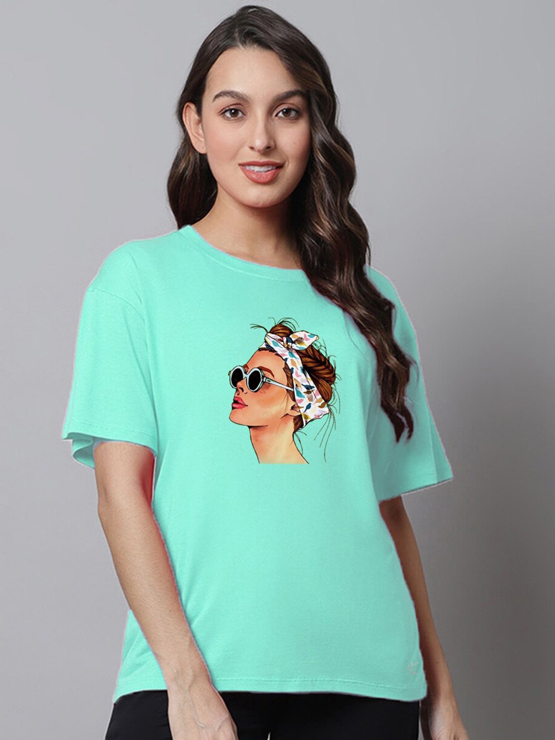 

Kanvin Mint Green Graphic Printed Drop-Shoulder Sleeves Oversized Modal Cotton T-shirt