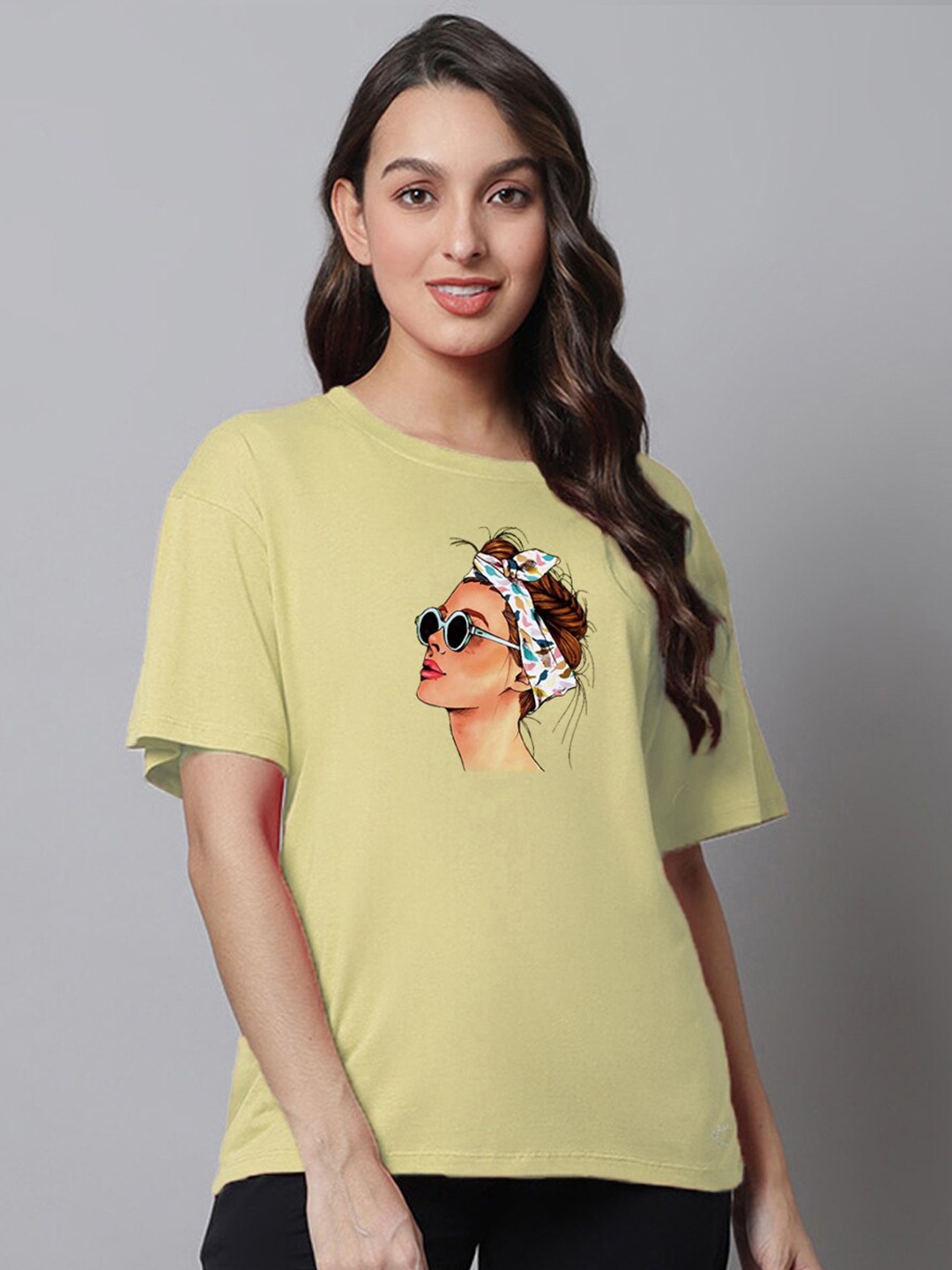 

Kanvin Yellow Graphic Printed Drop-Shoulder Sleeves Oversized Modal Cotton T-shirt