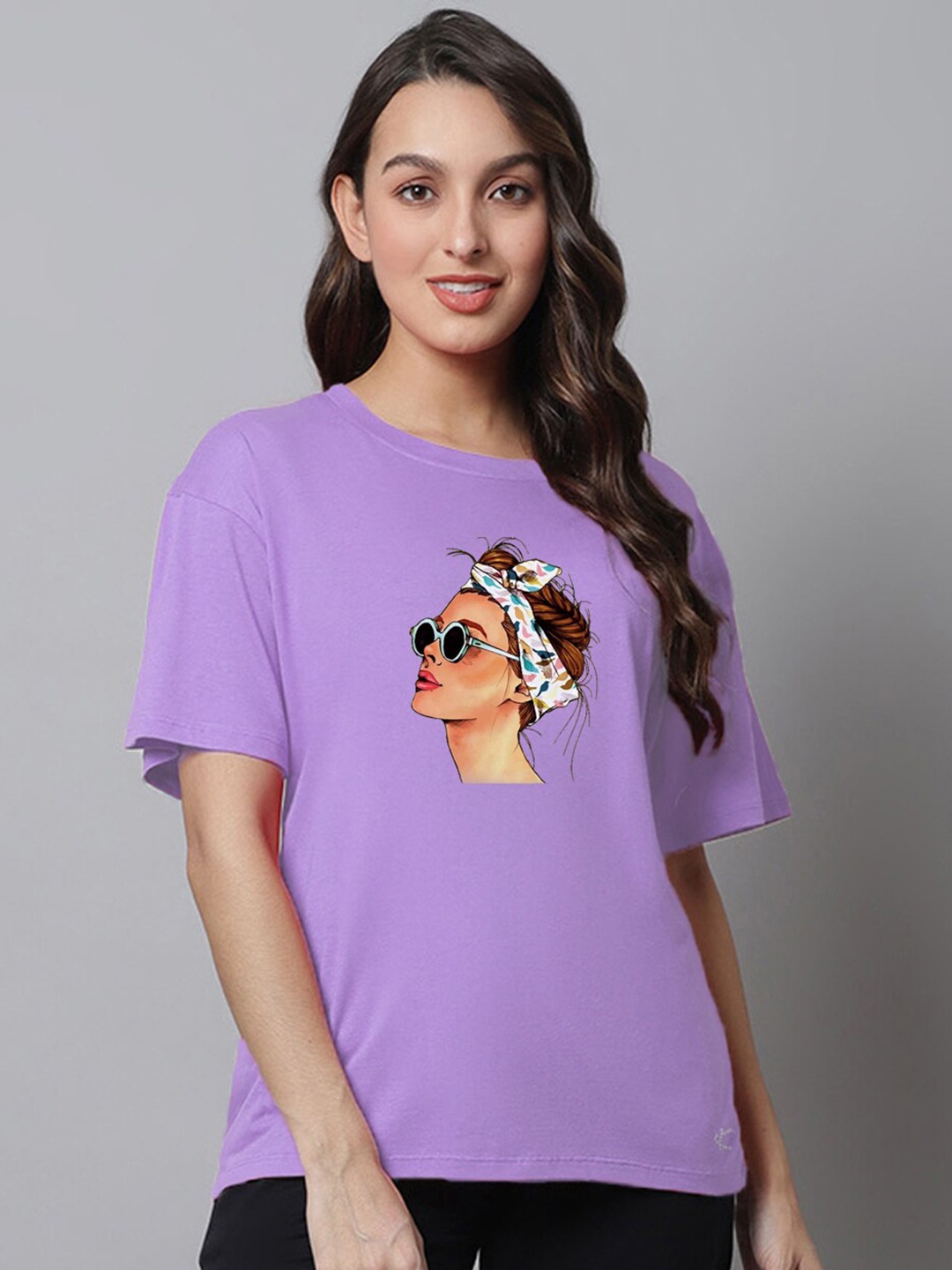 

Kanvin Violet Graphic Printed Drop-Shoulder Sleeves Oversized Modal Cotton T-shirt