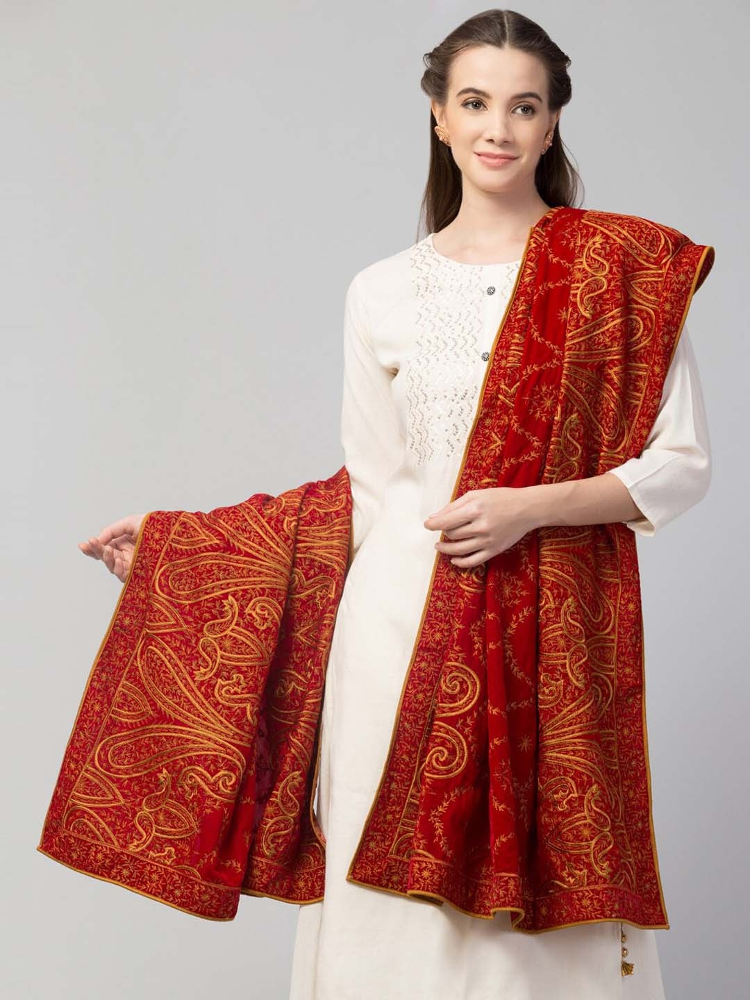 

Tweedle Ethnic Motifs Embroidered Velvet Shawl, Red