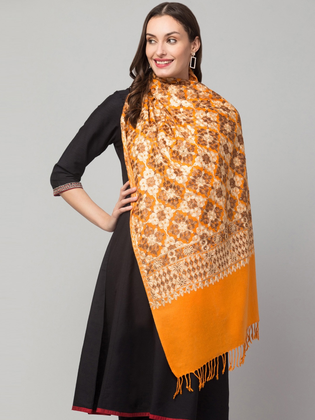 

Tweedle Embroidered Pashmina Wool Shawl, Yellow