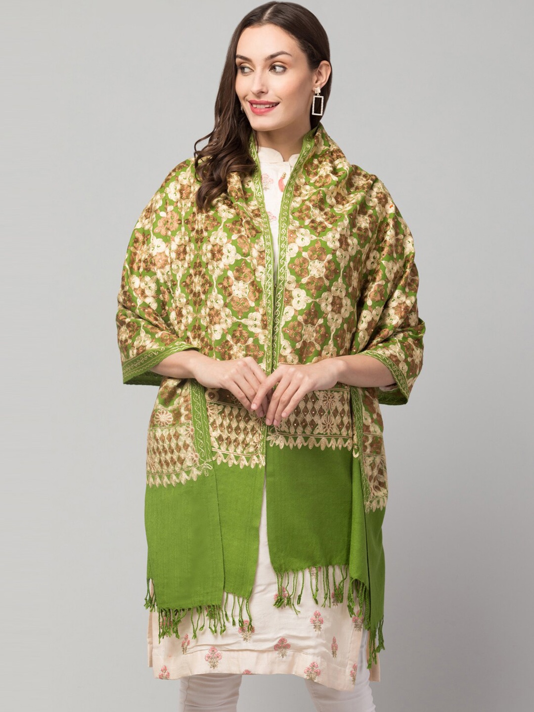 

Tweedle Embroidered Pashmina Wool Shawl, Green