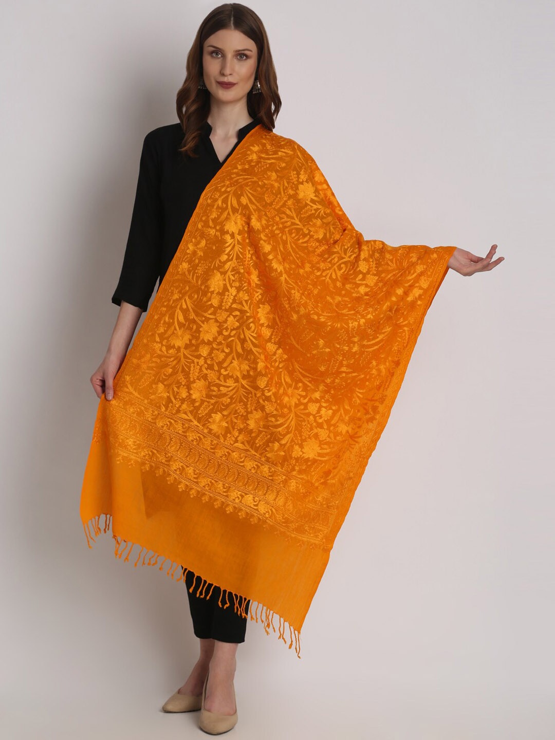 

Tweedle Aari Embroidered Pashmina Wool Shawl, Mustard