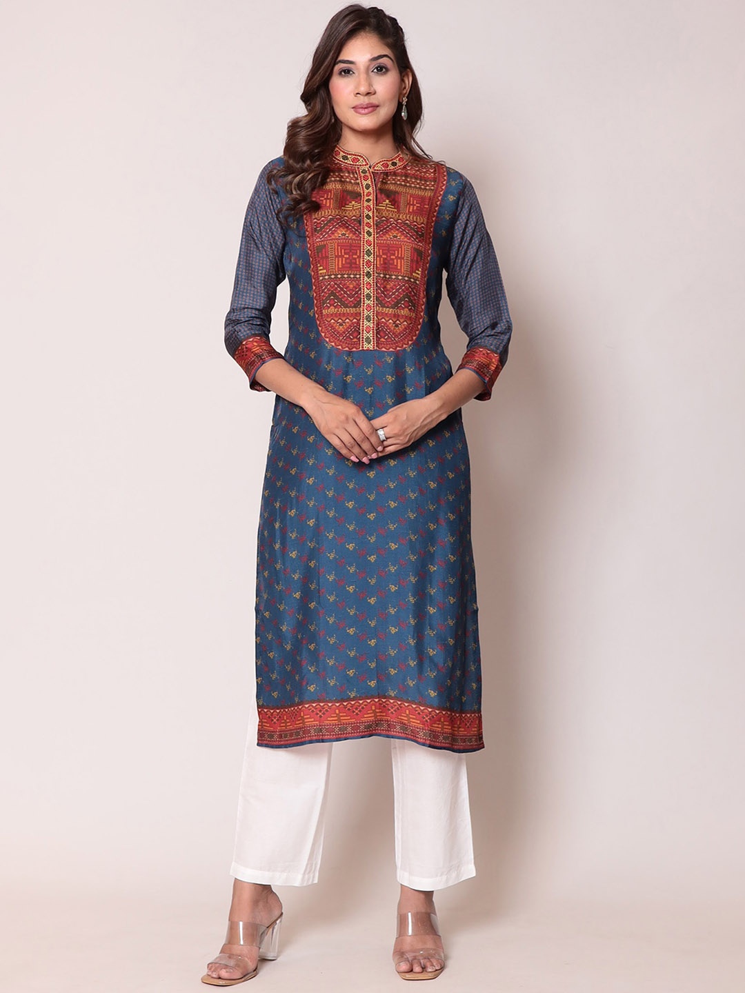 

ZARI Ethnic Motifs Printed Mandarin Collar Straight Kurta, Blue