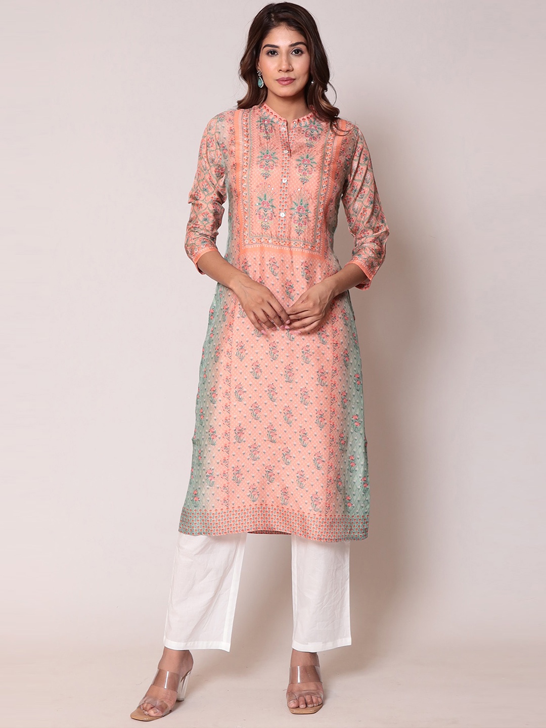 

ZARI Floral Printed Mandarin Collar Sequinned Straight Kurta, Peach