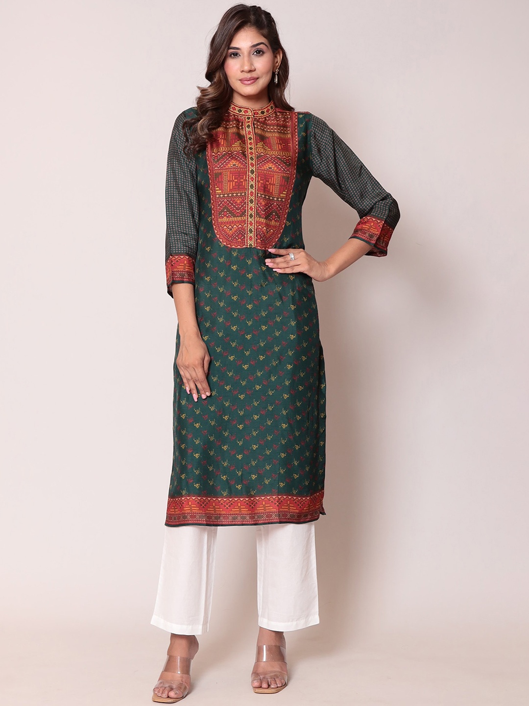 

ZARI Ethnic Motifs Printed Mandarin Collar Straight Kurta, Green