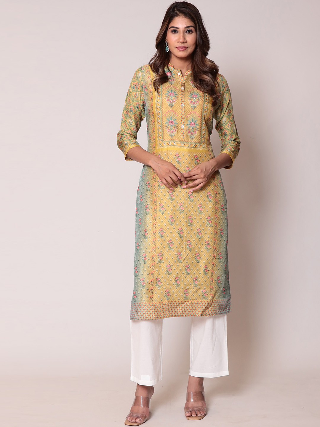 

ZARI Floral Printed Mandarin Collar Sequinned Straight Kurta, Yellow