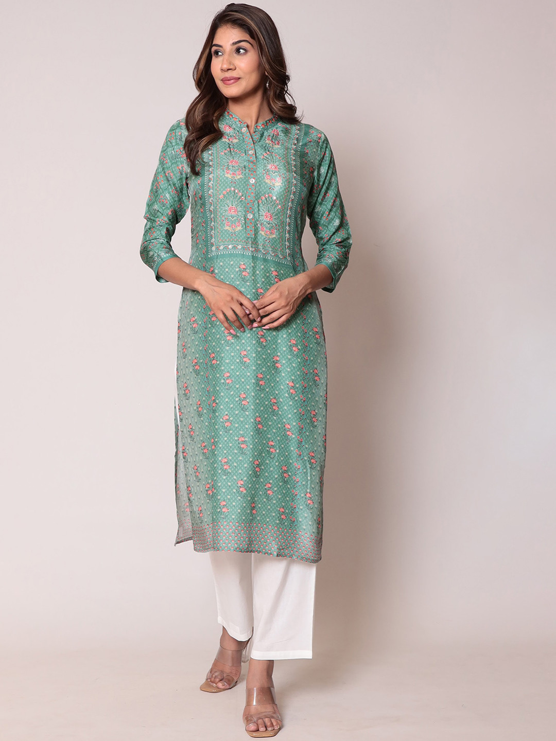 

ZARI Floral Printed Mandarin Collar Sequinned Straight Kurta, Green